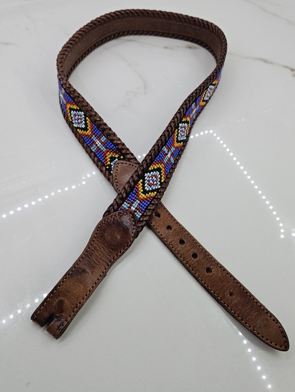 VTG LL Bean Southwestern Tribal Sead Beaded Brown Leather Braided Belt Sz 30 90s